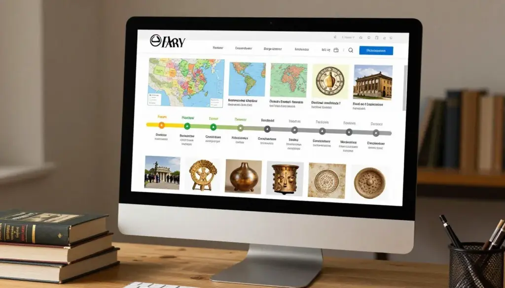 Interactive historical timeline displayed on computer screen with maps and artifacts