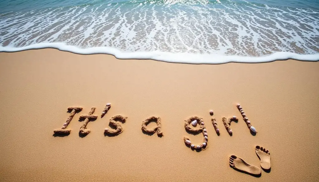 It's a girl written in sand with small pink seashells on a beach