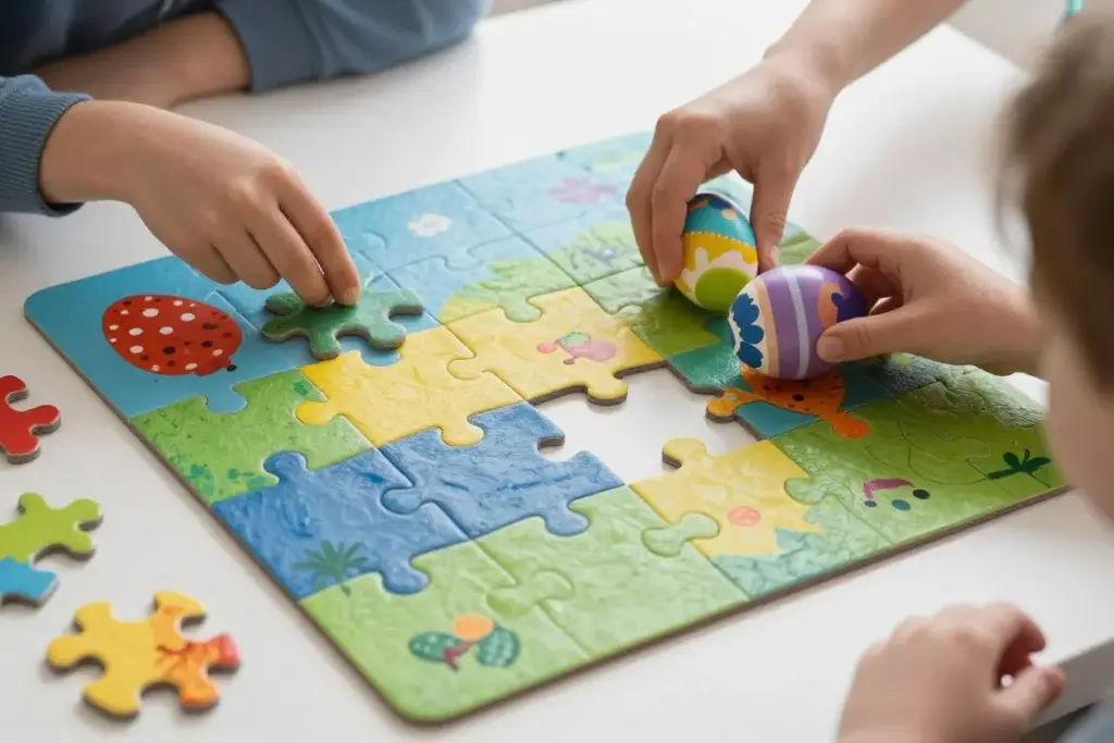 Jigsaw puzzle pieces divided among Easter eggs for collaborative hunt