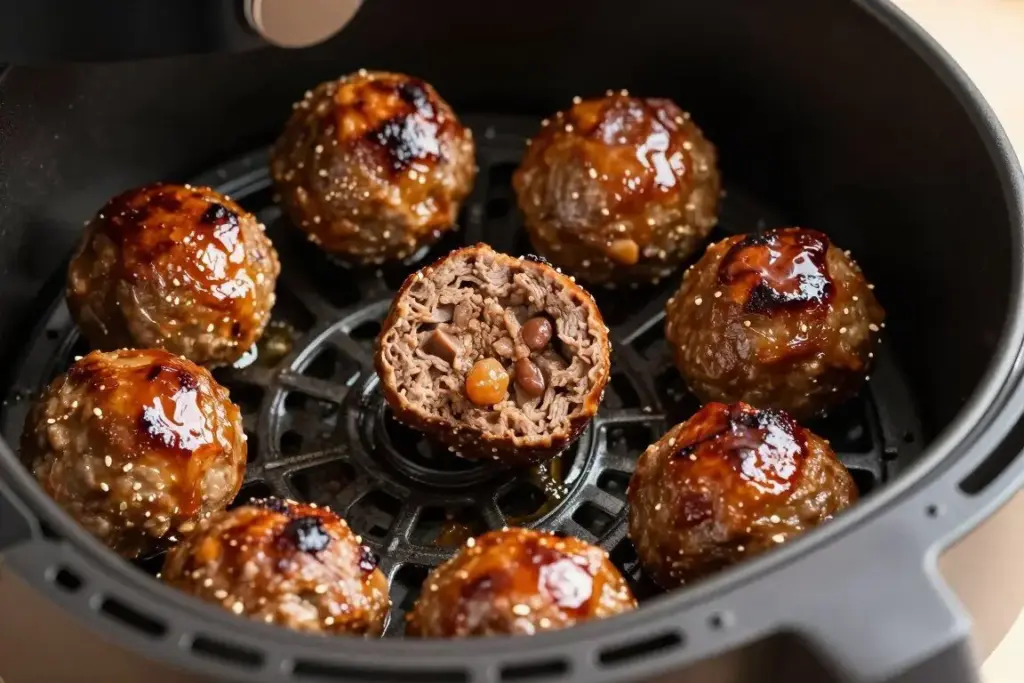Juicy meatballs with browned exterior in air fryer