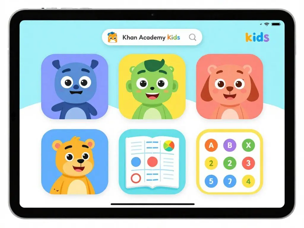 Khan Academy Kids app interface showing colorful characters and learning activities