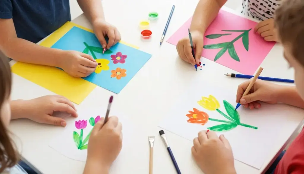 Kids making Mother's Day crafts with paint and paper