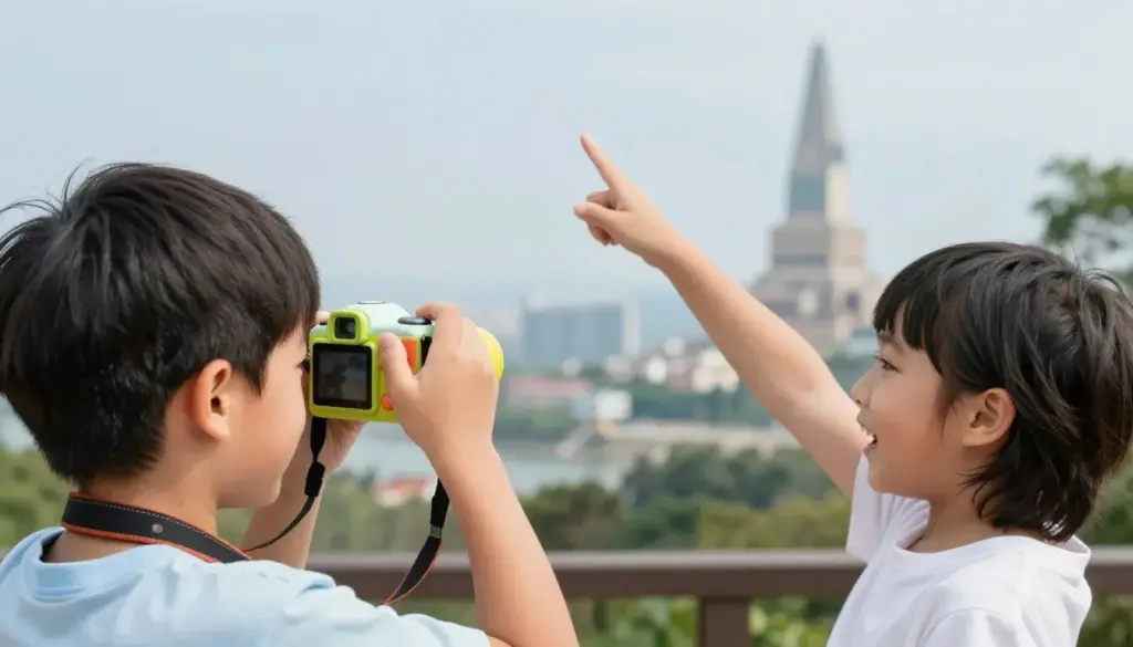 Kids taking photos during family vacation adventure with camera