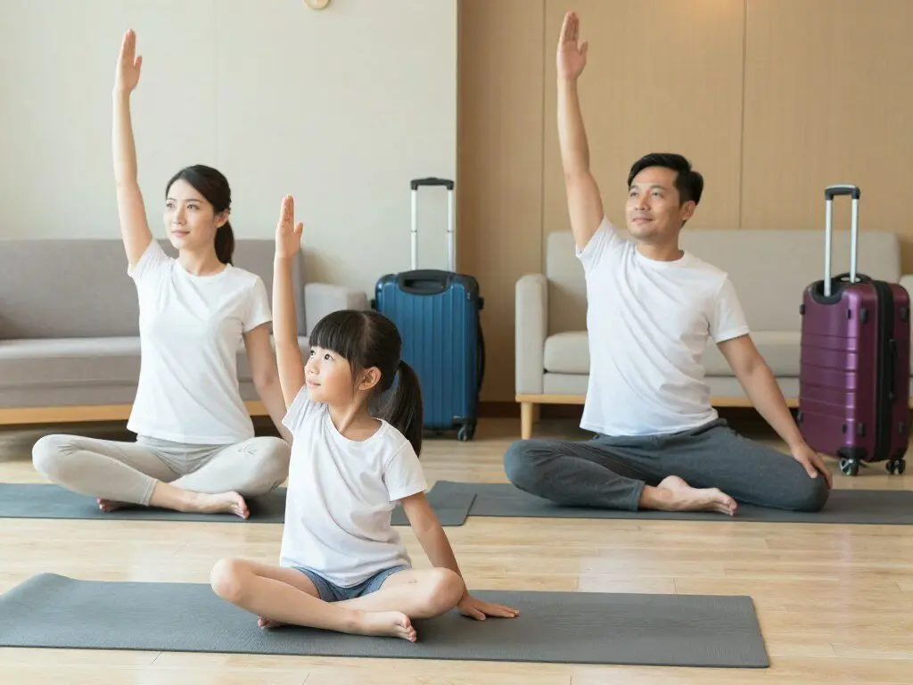 Kids travel activities showing family doing simple stretches during vacation