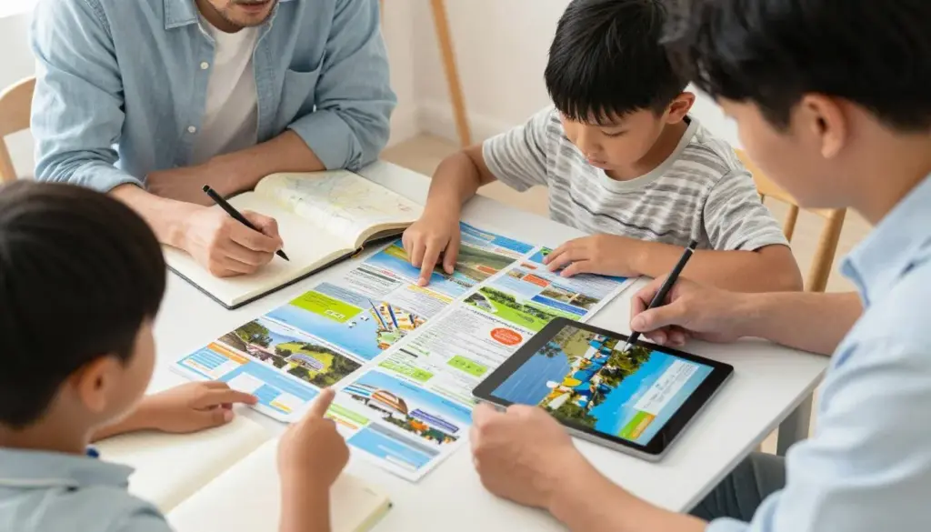 Kids travel activities showing family looking at destination brochures and planning together