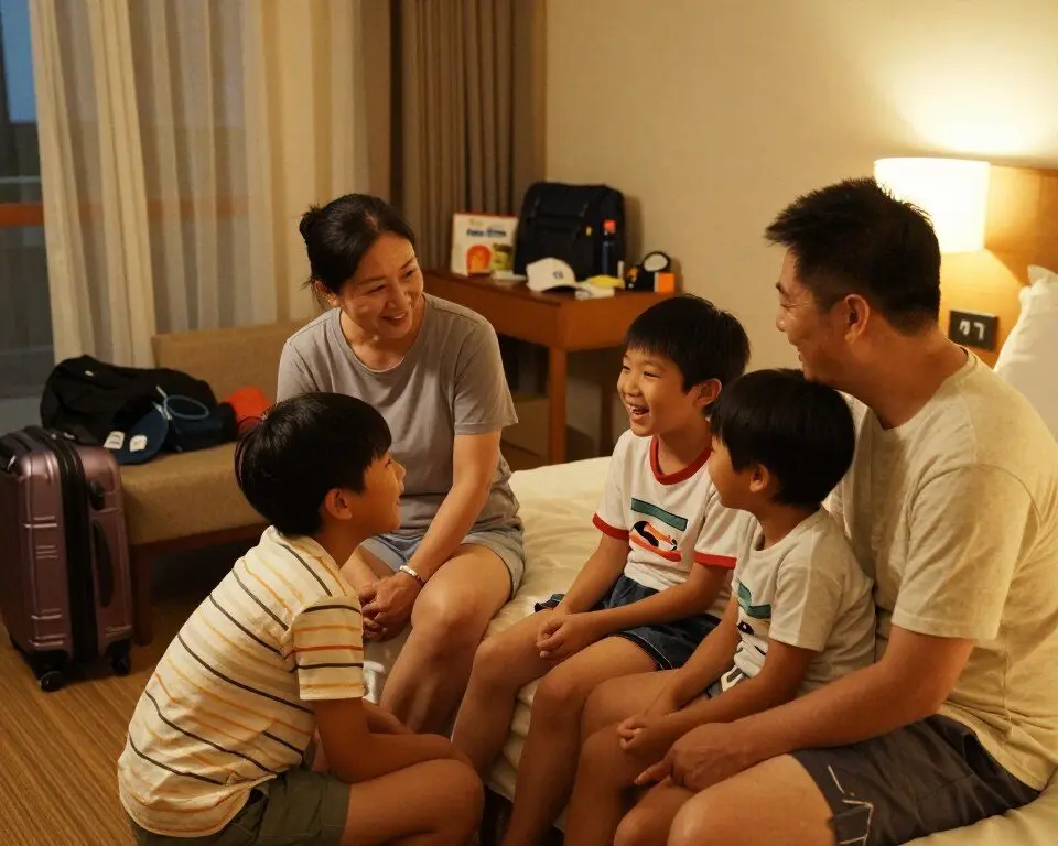 Kids travel activities showing family sharing stories and laughing together during vacation