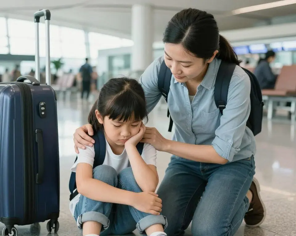 Kids travel activities showing parent comforting upset child during family trip