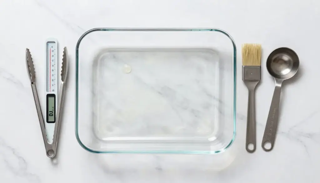 Kitchen equipment including glass baking dish, meat thermometer, and cooking utensils