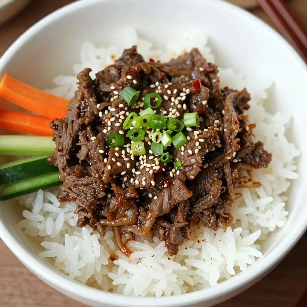 Korean ground beef bowl with rice and vegetables