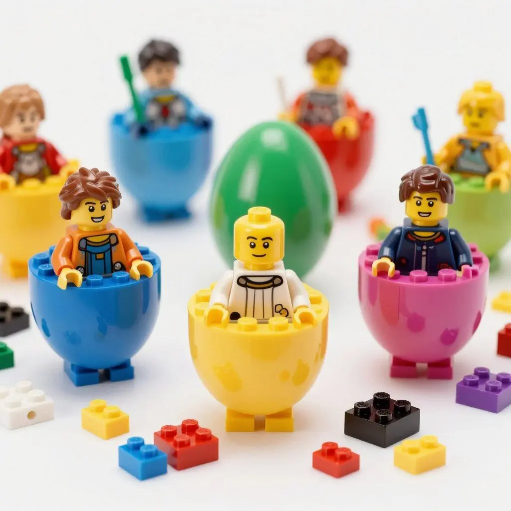 LEGO minifigures and small LEGO bricks spilling out of colorful Easter eggs