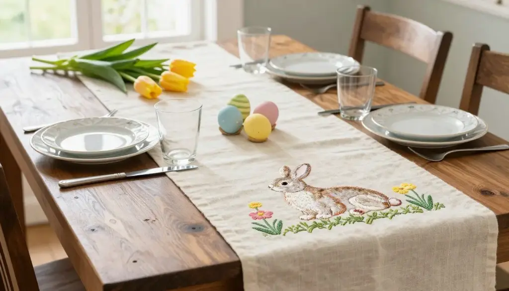 Linen table runner decorated with Easter motifs and spring flowers down the centre of dining table