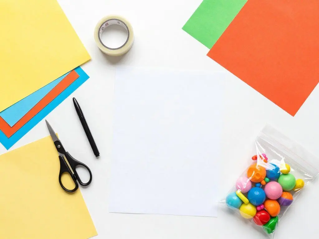 Materials needed to make paper squishies including colored paper, tape, and stuffing