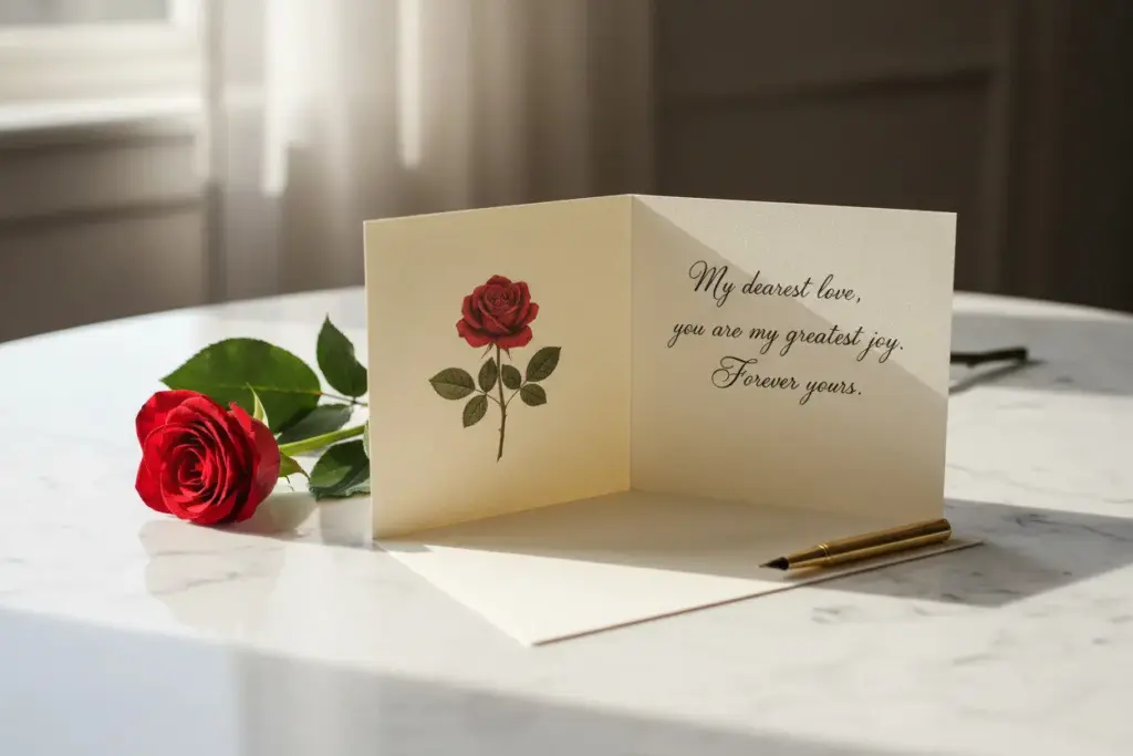 Meaningful Mother's Day messages in elegant card with rose