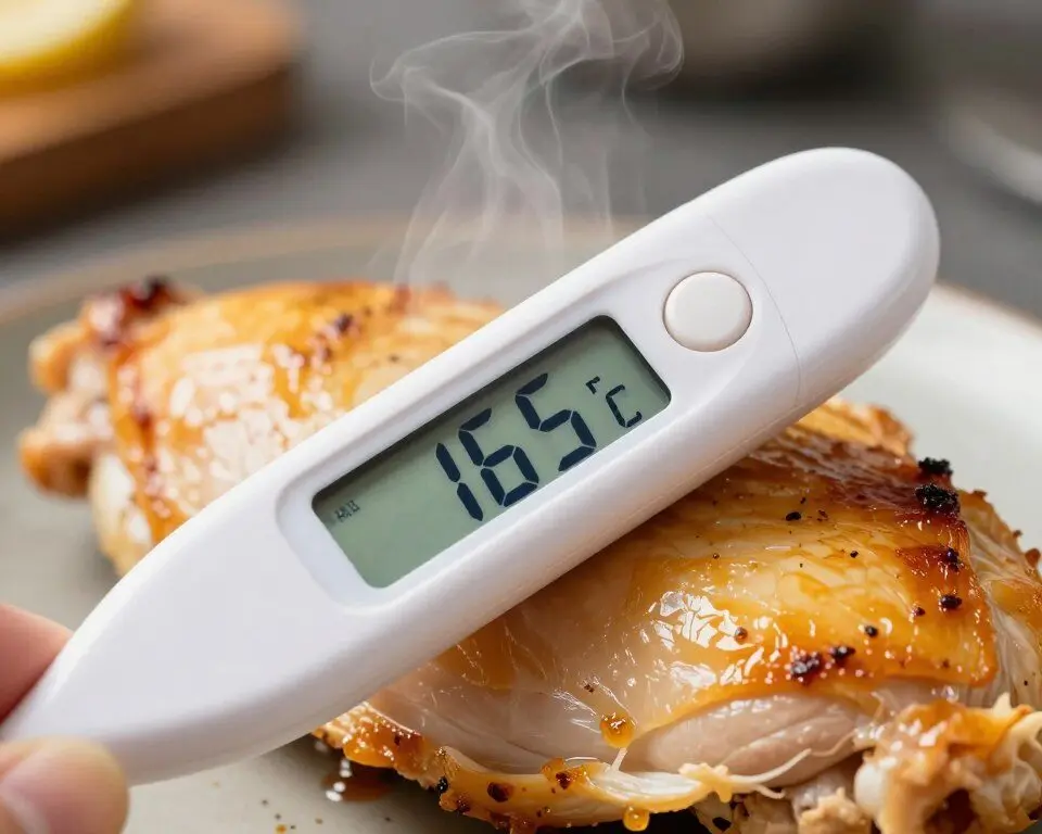 Meat thermometer showing 165 degrees inserted in cooked chicken breast