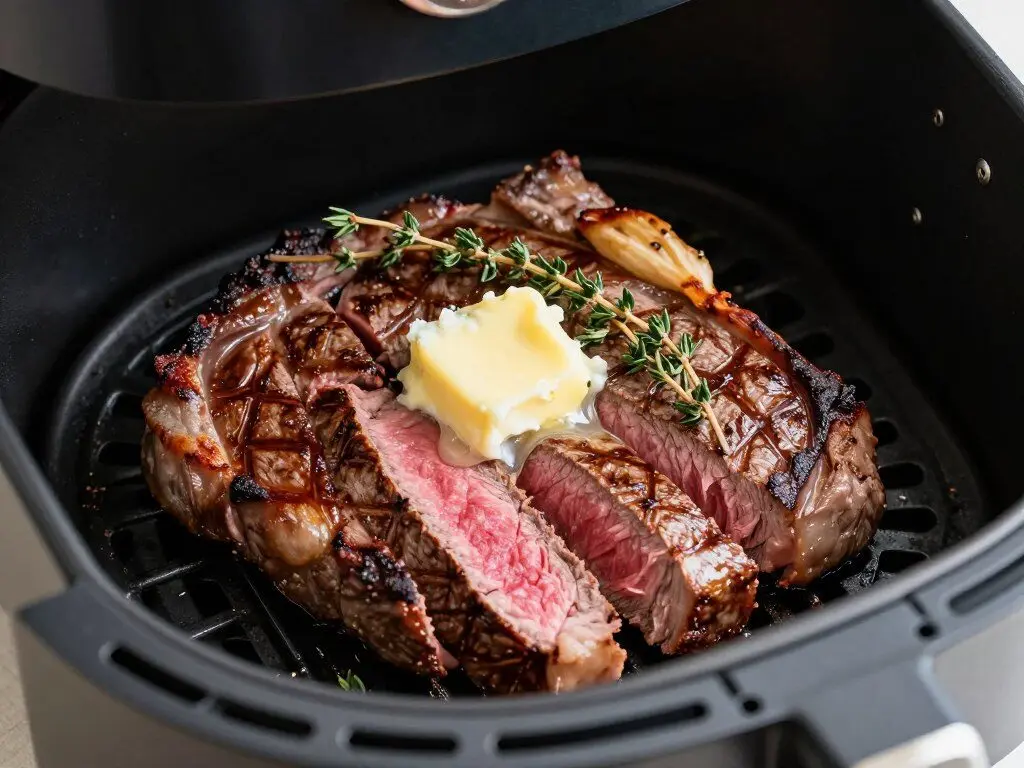 Medium-rare air fryer steak with garlic butter
