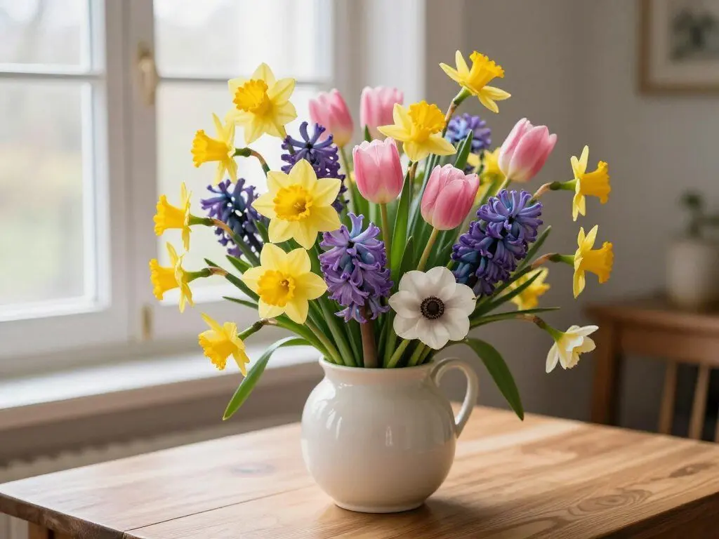 Mixed spring flowers arrangement with daffodils, tulips and hyacinths in a ceramic vase