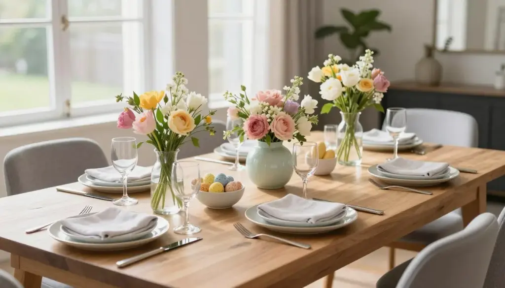 Modern Easter brunch table setting with spring decorations
