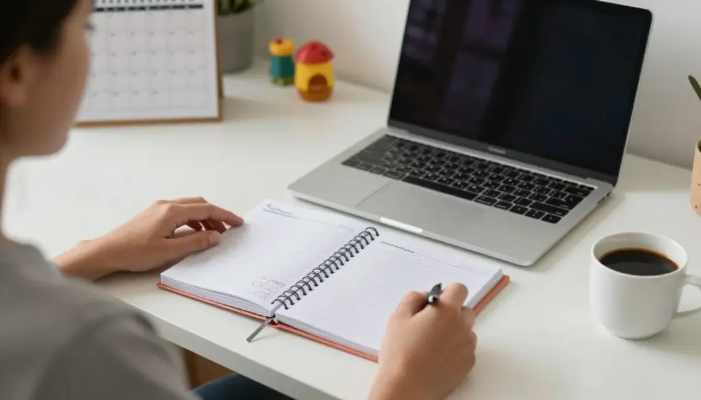 Mom planning Pinterest content while managing children
