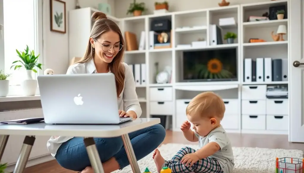 Mom working from home on laptop while her child plays nearby Mom working from home on laptop while her child plays nearby