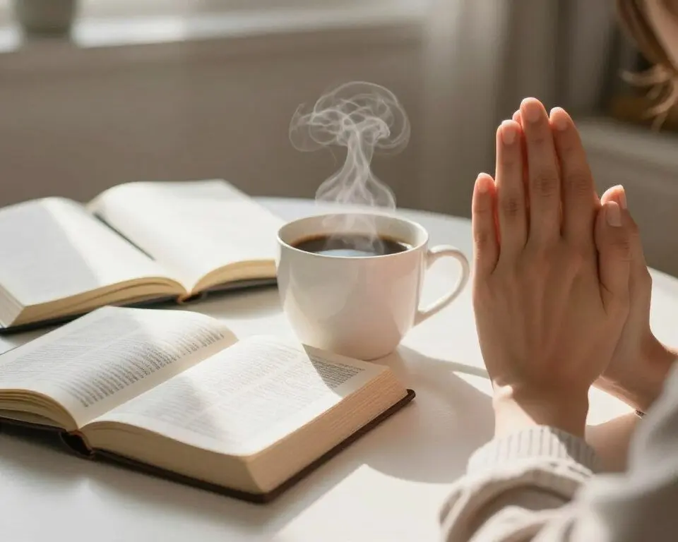 Morning prayer routine with coffee and Bible showing Lent prayers and sacrifice ideas