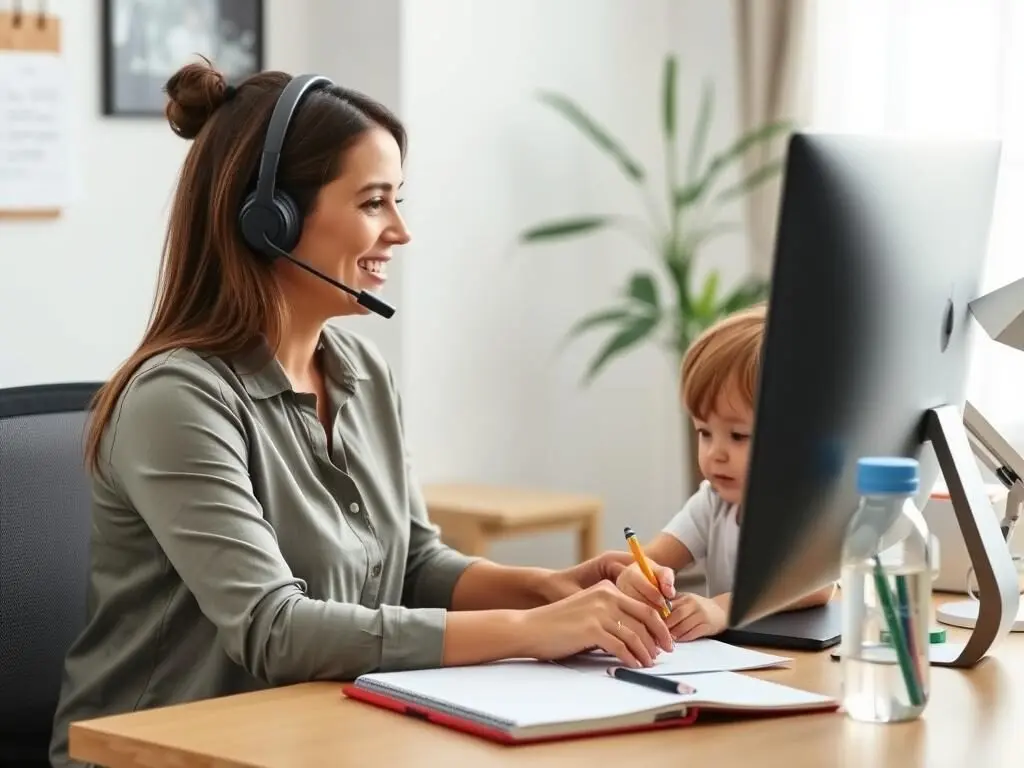 Mother working as customer service representative with headset Mother working as customer service representative with headset
