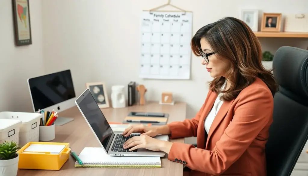 Mother working on laptop with organized home office setup Mother working on laptop with organized home office setup