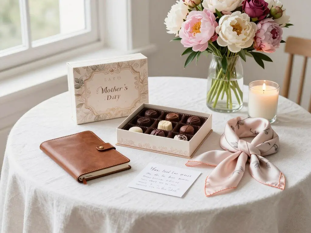 Mother's Day gift ideas arranged beautifully with flowers and wrapped presents