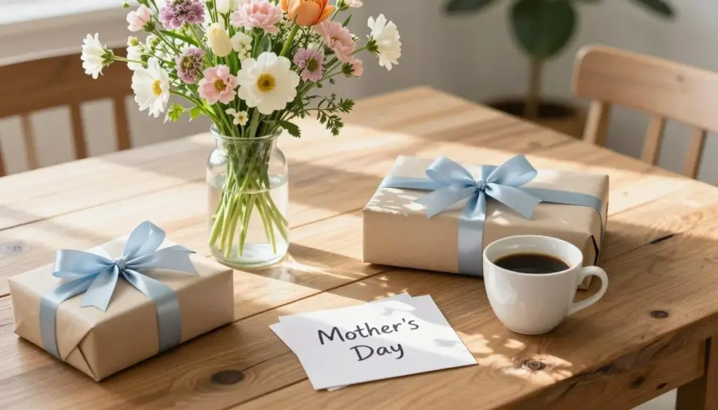 Mother's Day ideas celebration with flowers and gifts on table