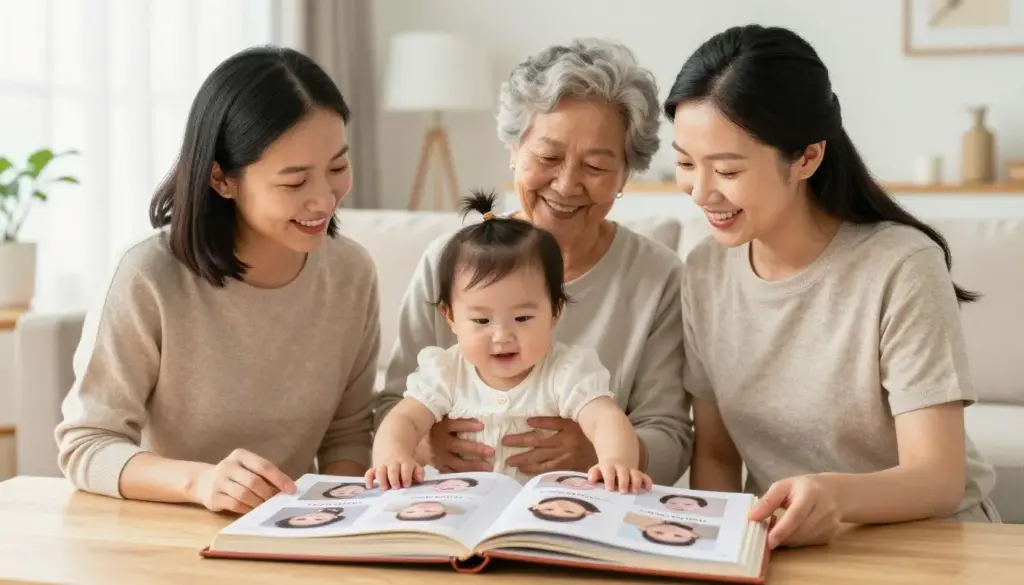 Multi-generational family with baby showing name evolution