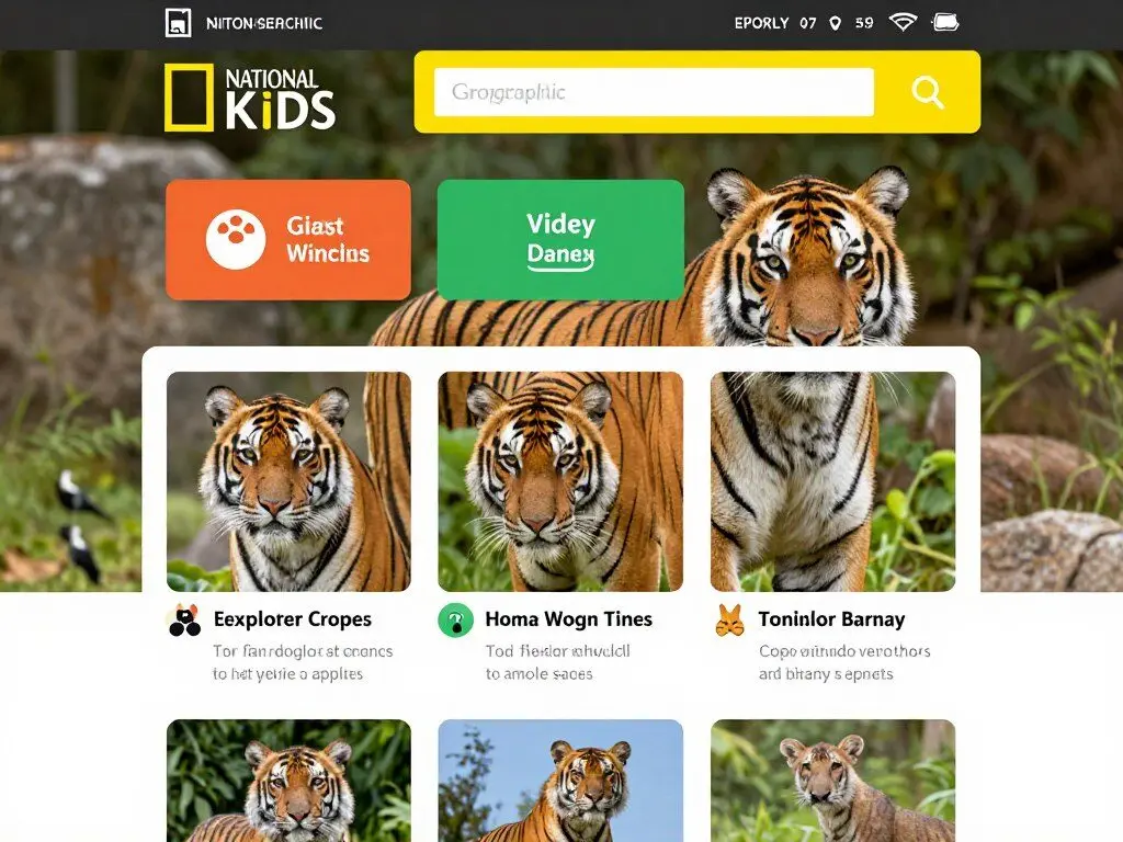 National Geographic Kids website with wildlife photography and interactive content