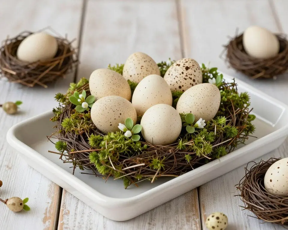 Natural moss nest filled with speckled Easter eggs on a white serving tray