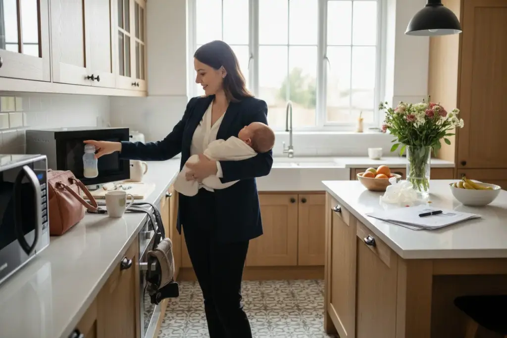 New mom holding baby while reheating freezer meal in kitchen