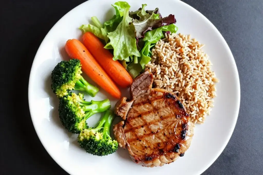 Nutritious plate with pork chop, vegetables, and whole grains
