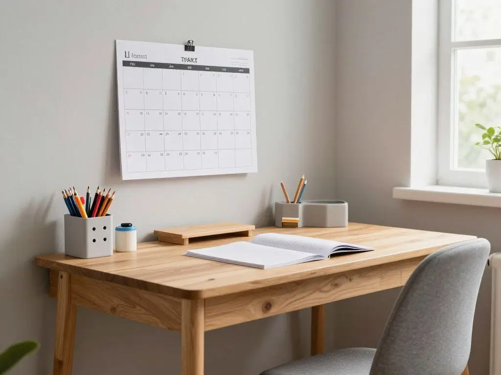Organized homework station with supplies and calendar for children
