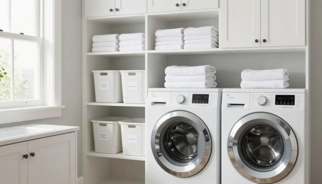 Organized laundry room with labeled sorting bins and folded clothes