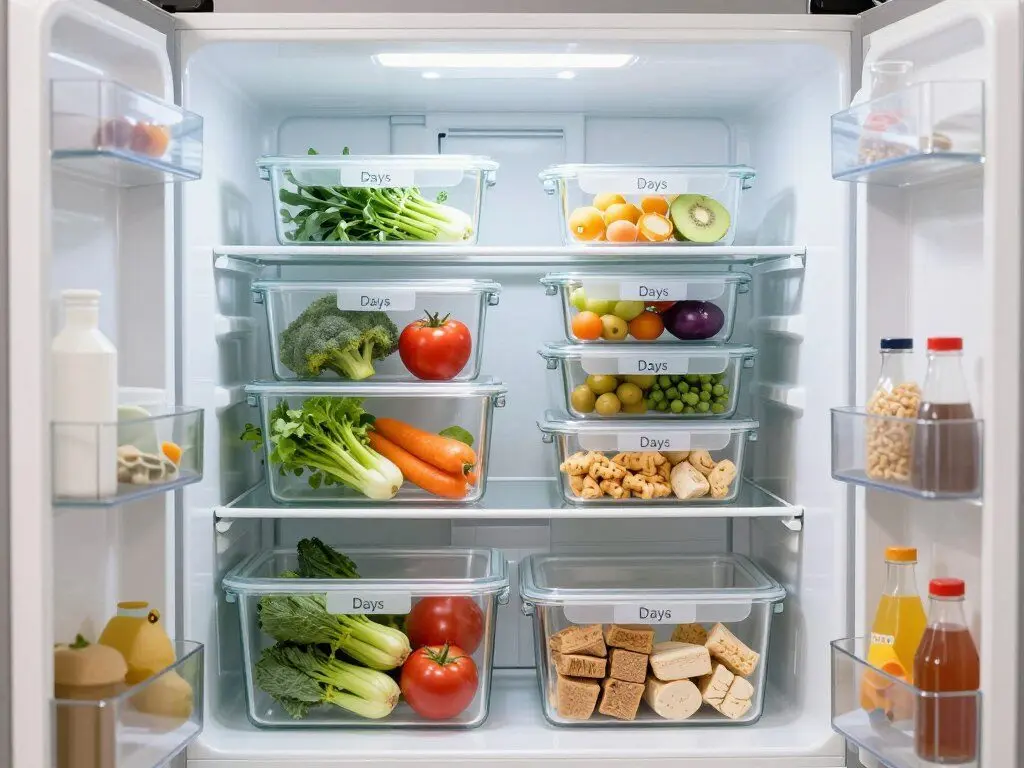 Organized refrigerator with labeled meal prep containers and fresh ingredients
