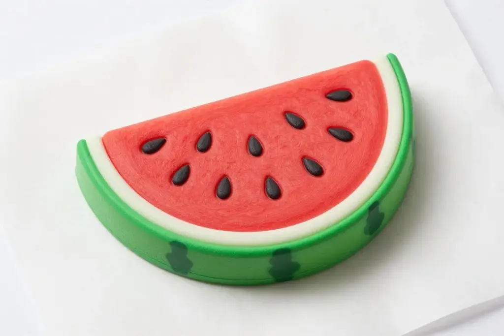 Painted watermelon memory foam squishy drying on parchment paper