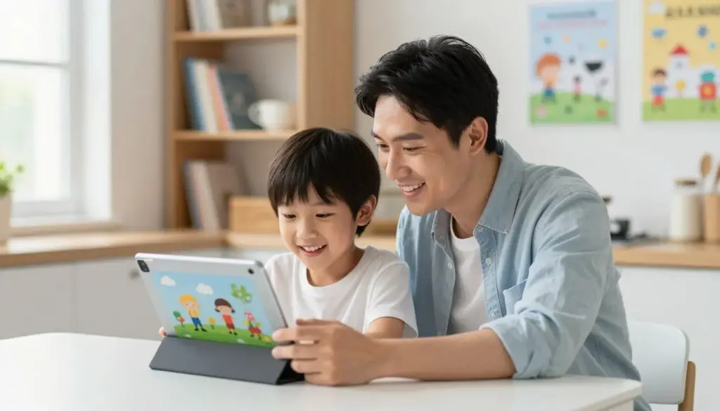 Parent and child exploring educational websites on tablet together in bright home learning environment