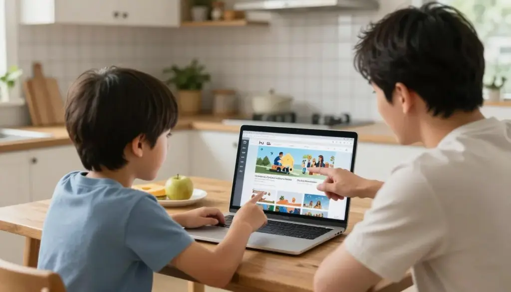 Parent and child reviewing educational website options together on laptop