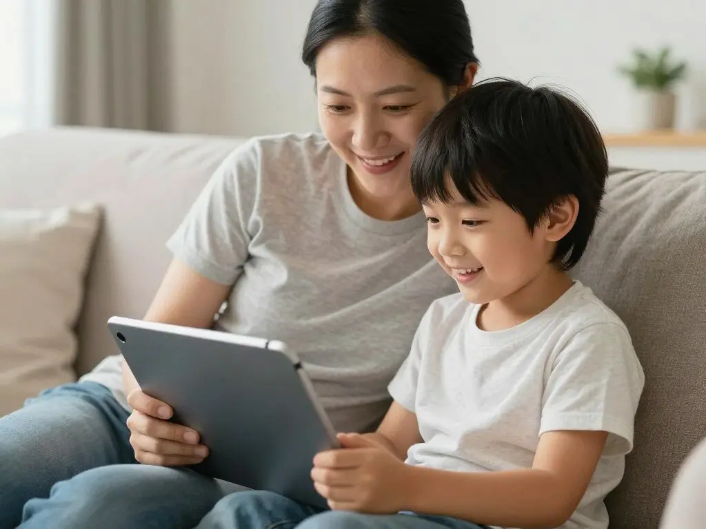 Parent and child using educational app together