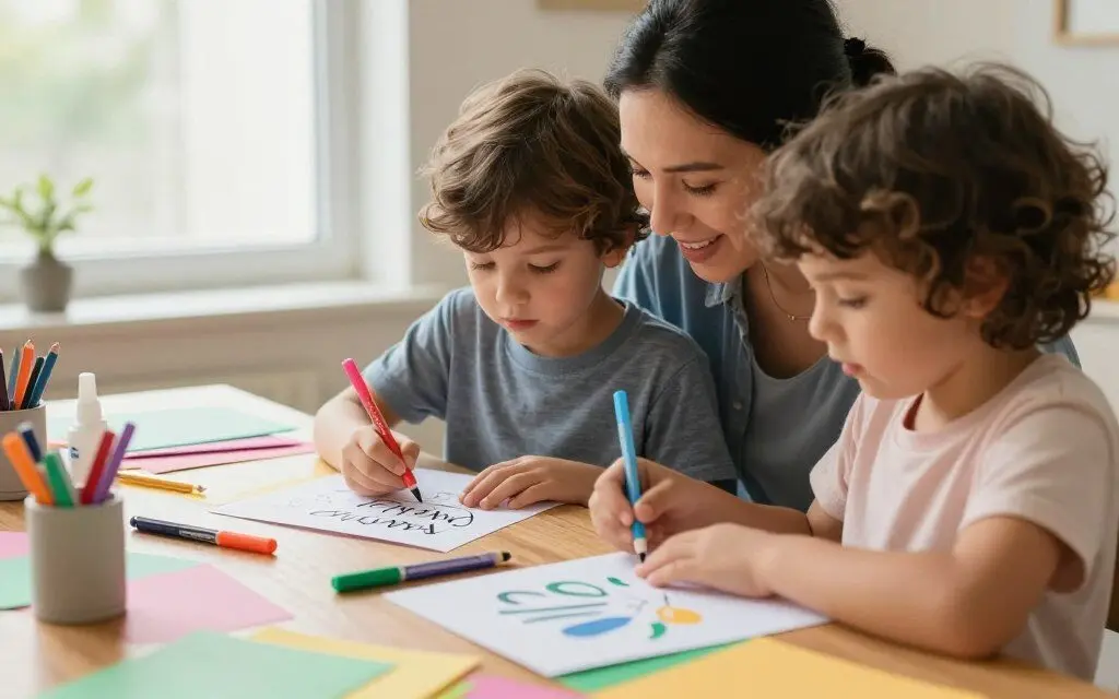 Parent and child working together on handmade cards at craft table