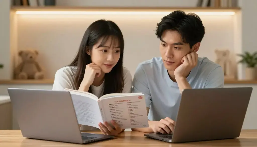 Parents researching baby names on computer and books