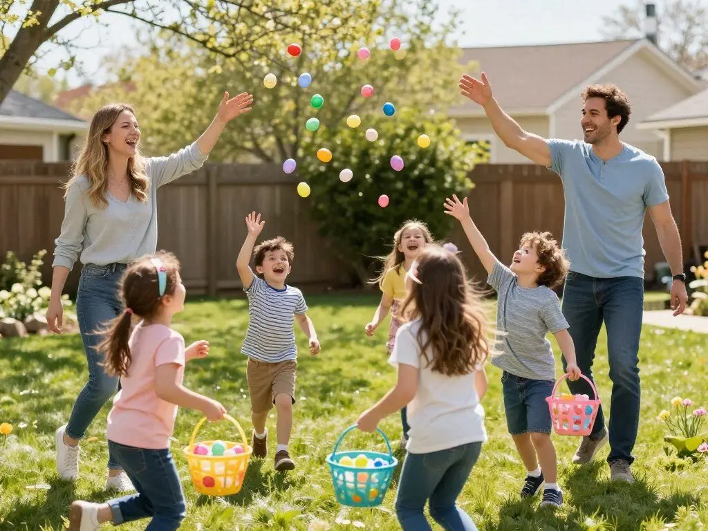 Parents tossing plastic Easter eggs to children in a backyard game Parents tossing plastic Easter eggs to children in a backyard game