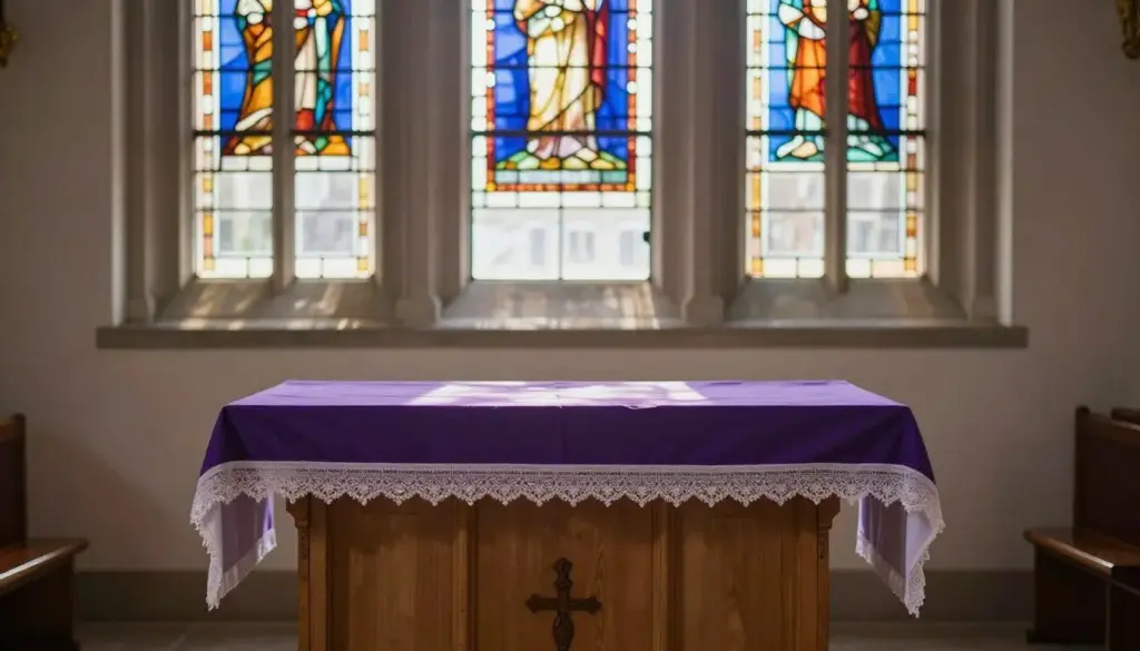 Peaceful morning light streaming through church windows during Lent season with purple cloth draped over altar