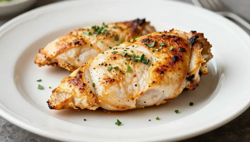 Perfectly baked chicken breasts on a white plate with golden brown color and herbs