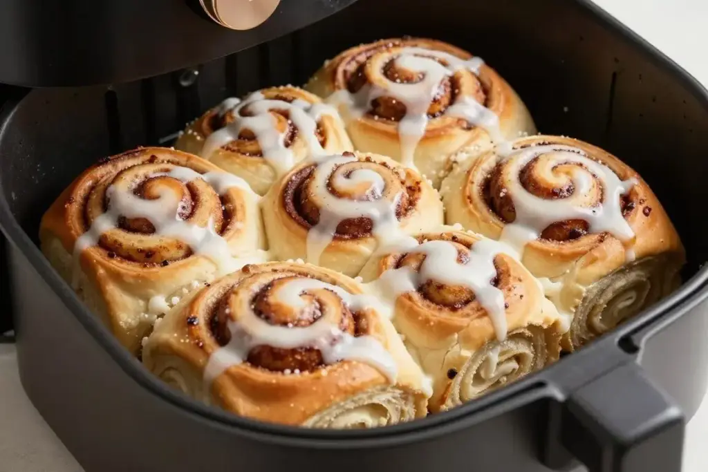 Perfectly baked cinnamon rolls with icing in air fryer