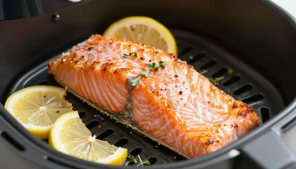 Perfectly cooked air fryer salmon fillet with lemon