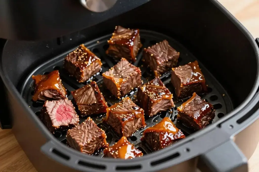 Perfectly cooked beef cubes with caramelized exterior in air fryer
