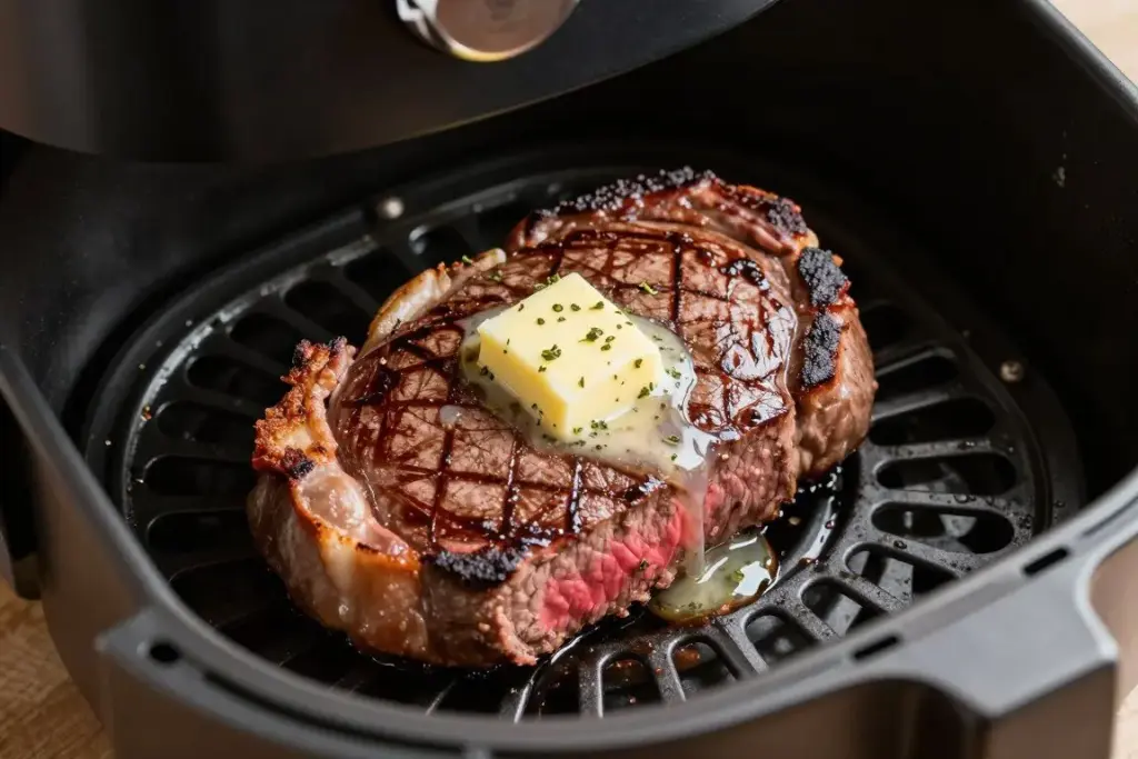 Perfectly cooked filet mignon with herb butter in air fryer