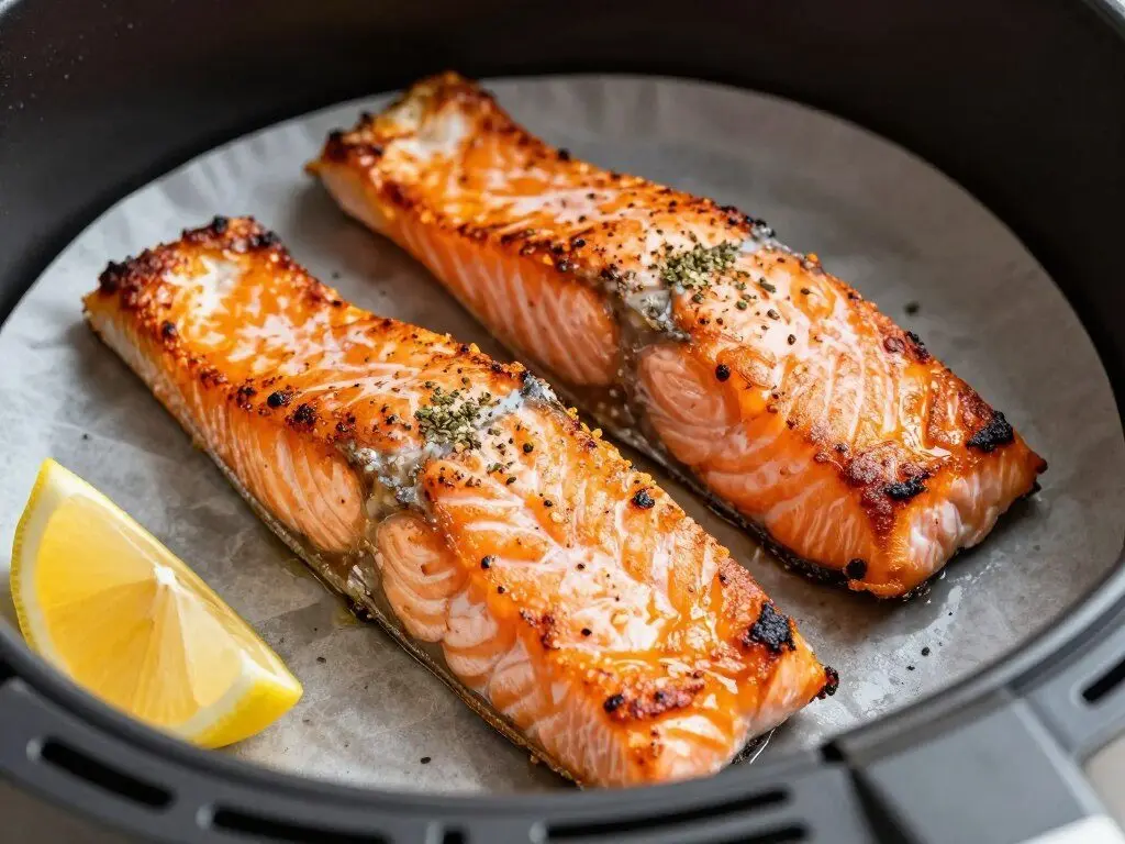 Perfectly cooked salmon fillets from an air fryer
